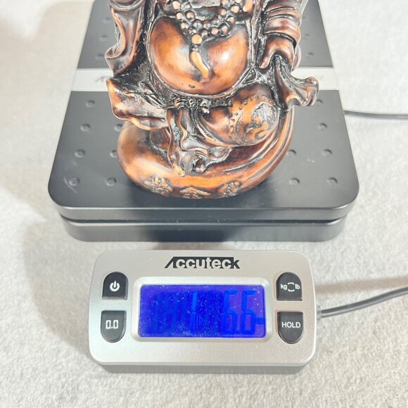 Laughing Buddha Figurine 6" Carved Solid Wood Dark Stain Chinese Script 1.5 lbs - Picture 14 of 14